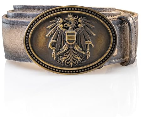 Schöneberger Trachten Couture Herren Trachtengürtel Österreich, Ledergürtel mit Austria Adler Schnalle, Lederhosen Gürtel aus Wildbock-Leder, Franco (Sand,BW100 (50-52)