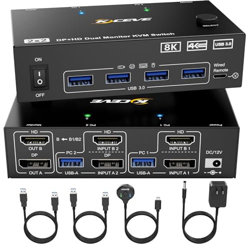 KVM Switch 2 PC 2 Monitore 8K, Displayport + HDMI USB 3.0 KVM Umschalter für zwei Monitore, Unterstützt 8K@60Hz, 4K@120Hz für 2 Computer, die Tastatur, Maus und Monitor teilen