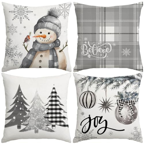 Miaikoe Weihnachtskissenbezüge 40x40 cm Set von 4, Dekorative Bauernhaus Schneemann Freude Glauben Weihnachtsbaum graue Kissenbezüge für Winter Holiday Home Decor Dekoration