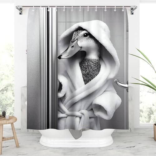 Fchen art Duschvorhang mit lustigem Entenmotiv, grauer Tier, niedliche Ente im Toilet-Duschvorhang, wasserdichter Stoff, 12 Haken, Badezimmer, dekorativ, 180 x 180 cm