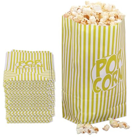Relaxdays Popcorntüten, 144er Set, gestreift, Retro-Optik, Kino, Filmabend Zubehör, Papier, Popcornbehälter, gelb/weiß