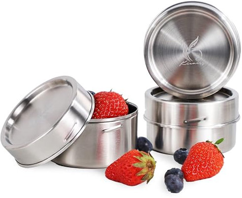 Kieaisy Pequeña lata de acero inoxidable con tapa de rosca (3 unidades), fiambrera a prueba de fugas de 200 ml de acero inoxidable para niños, recipiente para alimentos con tapa, latas de metal para