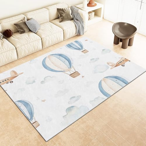 Srigzcaly Teppich Wohnzimmer, Cartoon-Heißluftballon-Druck rutschfest Waschbar Weiß Kurzflor für Schlafzimmer Kinderzimmer, Weiche Flanell 80x150cm