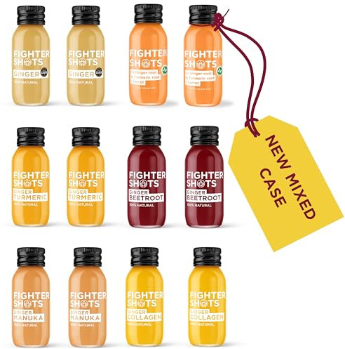 Fighter Shots Discovery Pack of 6 Flavors (12x60ml) | Ginger, Turmeric, Collagen, Beetroot, Manuka & Vegan Turmeric | Post-Workout Pick Me Up | No Added Sugar | 100% Natural | No Preservatives