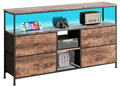Commode Tiroirs Meuble Tele LED Moderne,Banc TV Console de Rangemen Rétro - Cadre Métallique,Tiroir en Tissu,Plateau en MDF Bois (Brown, 108cm-4 Tiroir et 2 Étagères)