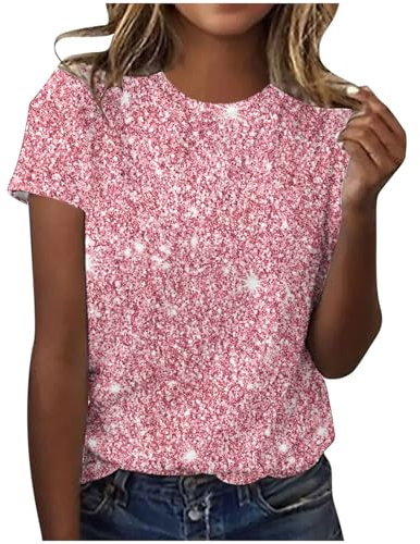 SYDUZAX Tee Shirt à Paillettes Femme T-Shirt Brillant Imprimé Haut Manches Courtes Col Rond Chemise Femme Grande Taille Ample Tshirt Femmes Décontracté Chemisier Blouse Sport Lache Top Pas Cher
