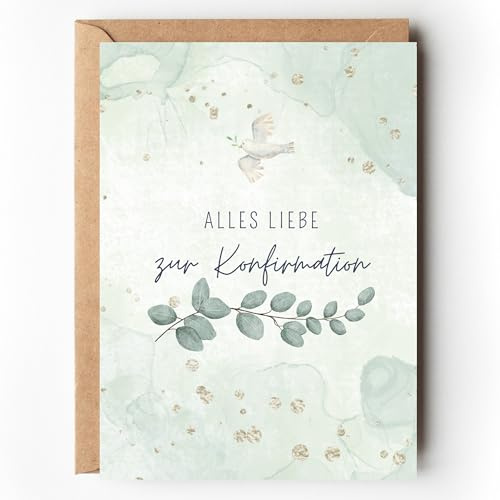 Glückwunschkarte zur Konfirmation Eukalyptus, Konfirmationskarte für Jungen und Mädchen Friedenstaube Aquarell, A6 Karte mit Umschlag für Geld Geschenk Konfirmation Feier (1 Karte mit Umschlag)