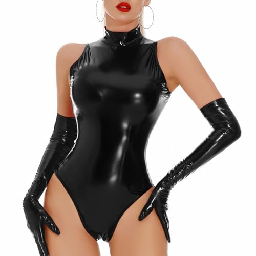 CHILIRIA Women Latex Bodysuit Black Pu Leather Lingerie Set Sexy Wet Look Pvc Catsuits Rave Outfits Leotard Cat Suit With Zipper