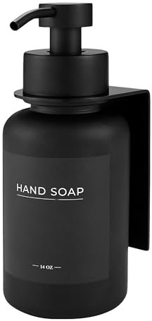 Glas Seifenspender mit Wandhalterung selbstklebend | Edelstahl-Pumpspender für Flüssigseife | Spülmittelspender ohne Bohren 400ml(Schwarz/Schwarz)