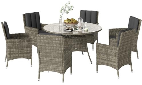 Outsunny 7-Piece PE Rattan Garden Furniture Set, Wicker Outdoor Dining Set with Cushions, Umbrella Hole & Round Glass Top Table, 6 Seater Garden Table and Chairs for Patio, Balcony, Light Grey