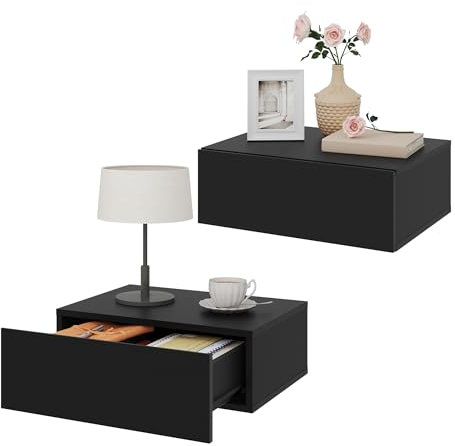 WOLTU 2er Set Nachttisch hängend,Wandregal mit Schublade, Nachtschrank Wandmontage, 40x30x14 cm,Nachtkästchen zum Einhängen,schwebende Nachtkommode, modern, schwarz für Schlafzimmer Wohnzimmer