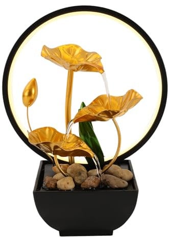 DOPBENT Zimmerbrunnen, Tischbrunnen Wasserfall mit LED Beleuchtung, Entspannung Meditationsdekoration für Haus, Büro, Garten, 22x13x28cm, Gold, Schwarz