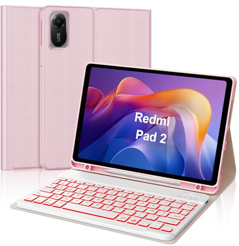 IVEOPPE Coque Clavier pour Xiaomi Redmi Pad SE/Redmi Pad 2 11, Étui Keyboard Bluetooth Magnétique Détachable Clavier (AZERTY, Français), 7 Couleurs Rétroéclairées avec Porte Crayon, Rose Clair