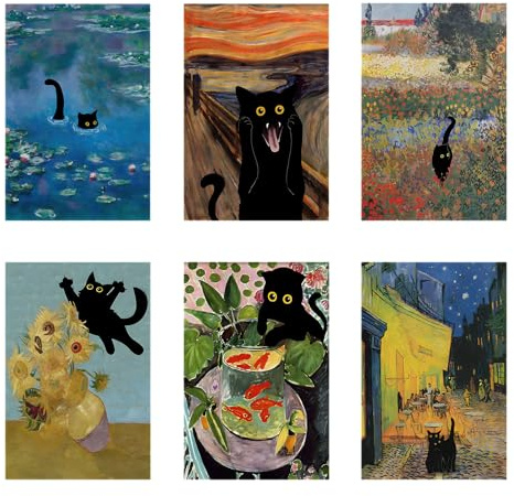 6pcs Black Pet Cat Vintage Art Background Poster Leinwand Poster Wandkunst Dekordruck Bild Gemälde Für Wohnzimmer Schlafzimmer Dekoration Unframe08x12inch(20x30cm)
