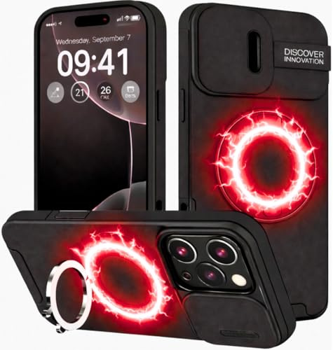 OnTheGo. Hülle für iPhone 15 Pro, Stoßfest Armor Handyhülle, Magnetisch, 360° Ring Ständer, Kameraabdeckung Schiebbar, Kratzfest, rutschfest, Schwarz