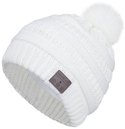 HaetFire Wireless Music Beanie with Bluetooth Headphone Winter Warm Pompon Knit Hat Headset Skull Cap Built-in Speaker Mic for Women Teenagers Girls Outdoor Sports Running Skiing Skating