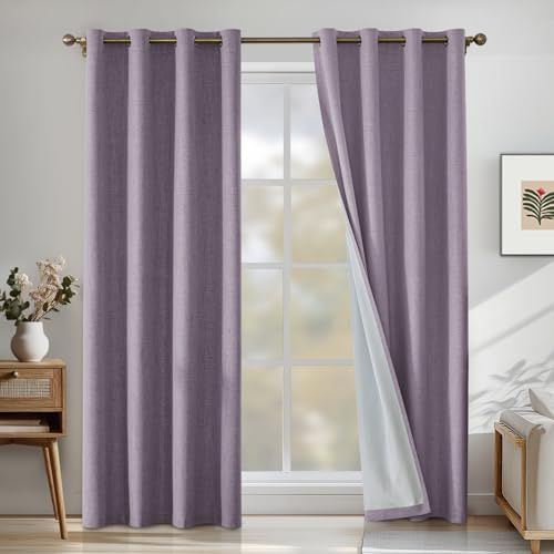 CYCMACO Verdunklungsvorhänge Leinen 2er Set, 140x225cm, Kälteschutz Thermovorhang Mit Ösen, Lärmschutzvorhang, Wohnzimmer Lichtundurchlässig Vorhänge, Schlafzimmer Vorhänge, Helllila