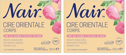 Nair Cire Orientale - Cire aux sucres à l'extrait de rose. Cire chaude avec bandes - Pot de 250 ml + 14 bandes en tissu réutilisables