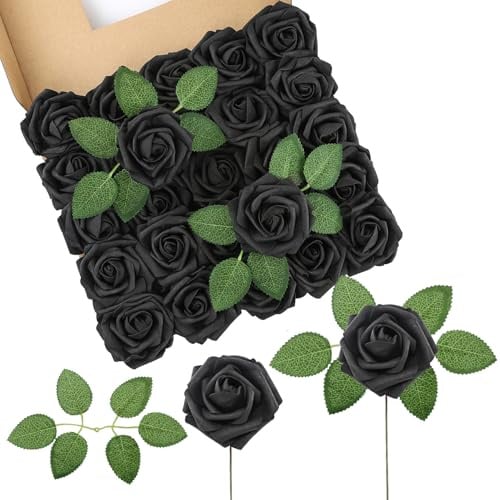 50 Stück Künstliche Rosen Schaumstoff-Rosenköpfe für Hochzeit Heimdekor | Schwarze kunstblumen wie echt Fake Rosen kunstblume mit Stielen für Brautsträuße Tafelaufsätze Party Heimdekoration
