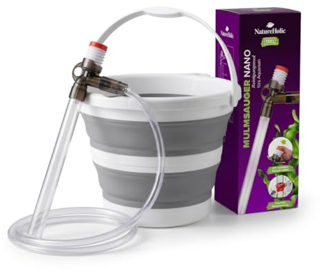NatureHolic Wasserwechsel-Set für Aquarien | Faltbarer 10L Eimer aus Silikon + Nano Mulmsauger mit Handpumpe | Platzsparend & Lebensmittelecht | Für Nano-Cubes, Aquascapes und Becken bis 200L