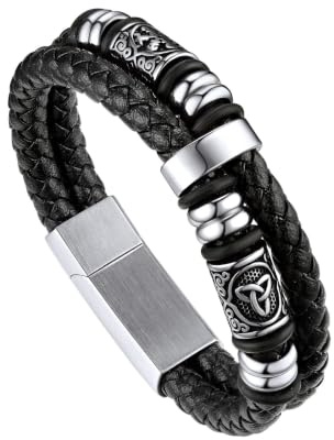 Ticome Mens Leather Bracelet, Viking Jewellery Black Braided Rope Wristband | Stainless Steel Clasp Vintage Double Layer Leather Cord Weave Bracelet Fashion Holiday Daily Jewelry Gift For Male Dad (21cm)