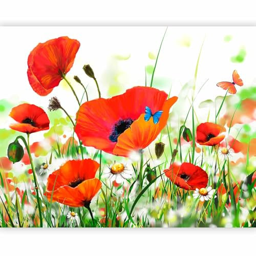 Fototapete - Tapete Natur 350x270cm - Foto Tapete Schlafzimmer Wohnzimmer Moderne Vliestapete XXL Wandtapete Motivtapeten 3d Effekt Wand Dekoration - Mohnblumen Wiese Pflanzenmotiv Schmetterling