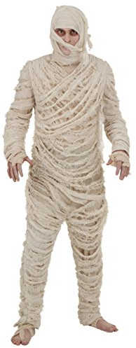 Men's Mummy Halloween Costume | Adult Classic Horror Theme with Bodysuit with Attached Head Wrap and Bandage Strip Large