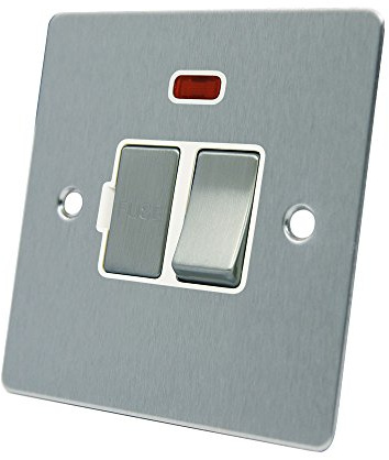 AET FSCSFNWS 13 A Satin Chrome Flat Switched Fused Neon Indicator Spur Connection Unit W/Neon White Insert Metal Rocker Switch