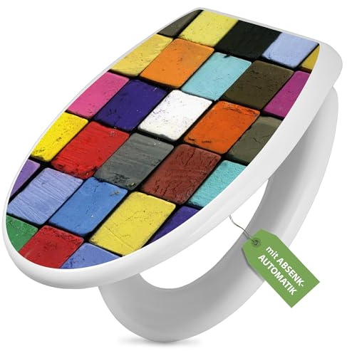banjado Toilettendeckel mit Absenkautomatik 44,5x37cm - Soft Close Toilettensitz - WC Sitz mit Absenkautomatik - Klodeckel aus Duroplast mit Edelstahl Scharnieren, einfache Montage - Motiv Bunte Kreid