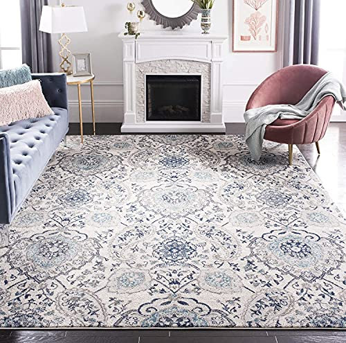 SAFAVIEH Boho Teppich für Wohnzimmer, Esszimmer, Schlafzimmer - Madison Collection, Kurzer Flor, Creme und Hellgrau, 201 X 279 cm