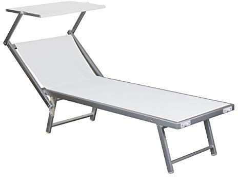 Totò Piccinni Salento Lettino Prendisole Pieghevole in Alluminio con TETTUCCIO mare spiaggia piscina giardino (Bianco)