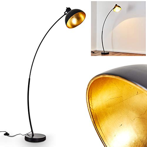 Lampadaire vintage Parola en métal doré/noir, lampe d'intérieure à douille E27, luminaire rétro avec grand abat-jour rond et interrupteur au pied, ampoule(s) non incluse(s)