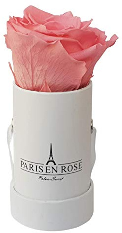 PARIS EN ROSE Rosenbox | mit einer rosa Infinity Rose Größe XL | konservierte ewige Rose | runde weiße Box mit Band | 3 Jahre haltbar