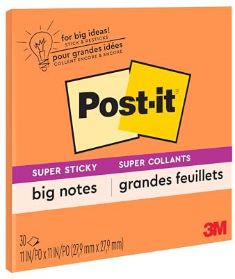 Post-it Super Sticky Big Notes, 11 in x 11 in, 1 Pad, 2X The Sticking Power, Neon Orange (BN11O)