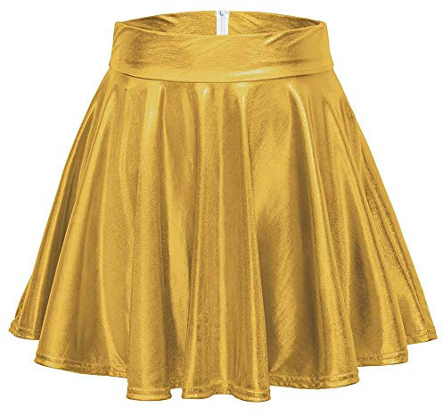 Odosalii Damen Stretch Skater Röcke Informell Mini Glocken Rock Hohe Taille Metallischer Faltenrock, S, Golden