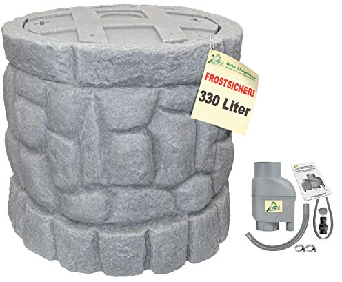 Regentonne Märchenbrunnen 330l mit Fallrohrfilter T33 FROSTSICHERES Regenfass mit stabilem Deckel und Wasserhahn, schöner und Fast unverwüstlicher Regenspeicher, wie gemauert