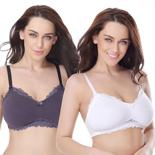 Curve Muse Soutien-Gorge Allaitement Grande Taille en Coton sans Doublure Ni Armatures avec Finitions en Dentelle -Ardoise, Blanc-95E
