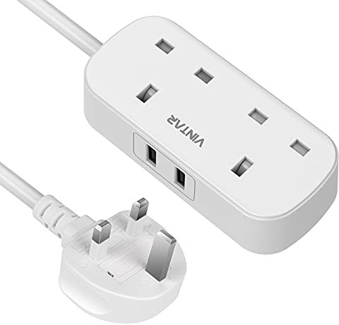 VINTAR Extension Lead with USB Slots, Power Strip with 2 Way Outlets 2 USB Slots(13A/3250W), Plug Extension Socket with 1.8M Extension Cord for Home Office,White,1 pack