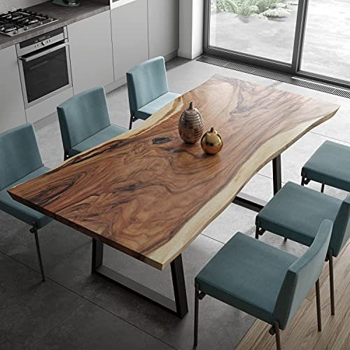 Conte Caserta Aus Einer einzigen, massiven Scheibe Holz Original Baumkanten-Tisch 160 cm. Massiv Esstisch/Schreibtisch Akazie mit Untergestell Phuket in schwarz