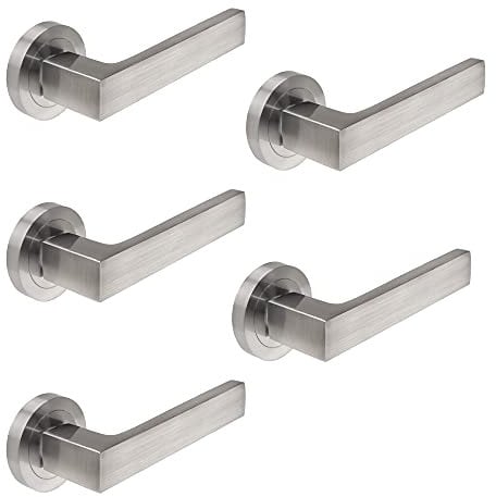 Emuca - Maniglie porta interna, set di 5 coppie di maniglie per porta da interno con rosetta D.50 mm, Alluminio, Nickel satinato.