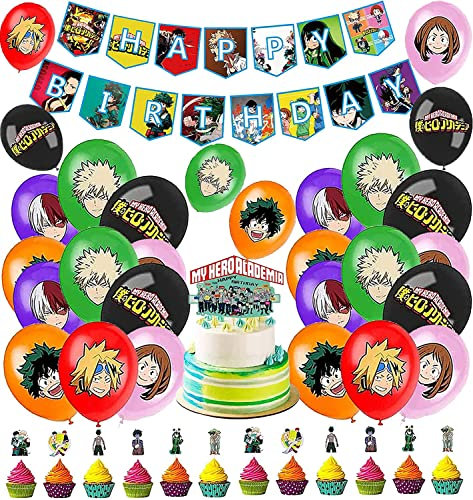 Anime Geburtstag Deko Luftballons Alles Gute zum Geburtstag Girlande Kuchen Topper Kindergeburtstag Tortendeko für Kinder My Hero Academia Geburtstagsfeier Dekoration