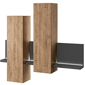 Furniture24 2 x Hängeschrank mit Tür Bota 04 Wandschrank Schrank Wohnzimmerschrank Staraumschrank Beleuchtet grifflos 152 cm (Ribbec Eiche/Anthrazite)
