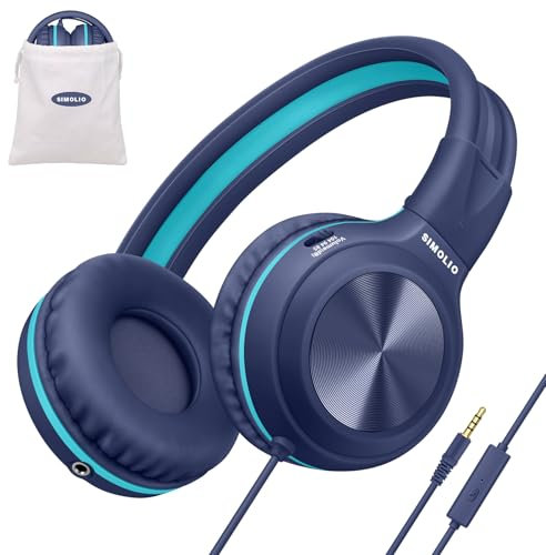 Kabel Kopfhörer für Jugendliche mit Lautstärkeregler und MIC, Over Ear Kopfhörer mit 85dB 94dB 104dB Lautstärkewähler, Faltbar und tragbar mit Tragetasche -SM-904 Blau
