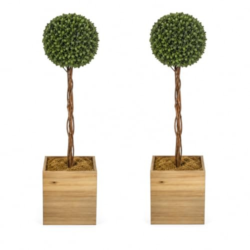 86cm Artificial Topiary Ball Trees – Pack of 2 | Boxwood Topiary in Wooden Planters | Indoor & Outdoor Doorway Décor