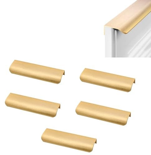 lyongqiang Verdeckter Schubladengriff,5 Stück Möbelgriffe Aluminium,150mm,Küchengriffe Versteckte,Geschwungener Türgriff,mit 10 Schrauben,für Schubladen,Schuhschränke,Schränke,Nachttische,Gold