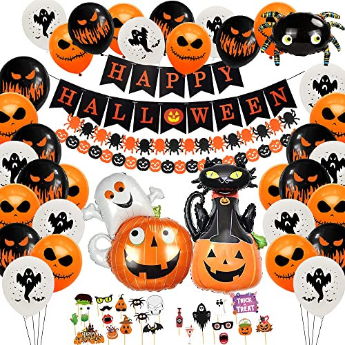 Halloween Deko Kinder Set, Deko Halloween Party, Halloween Luftballons mit 24 Foto Requisiten, Halloween Banner, Spinne, Fledermaus,Hexe, Kürbisgeist Folienballons für Halloween Deko Indoor & Outdoor