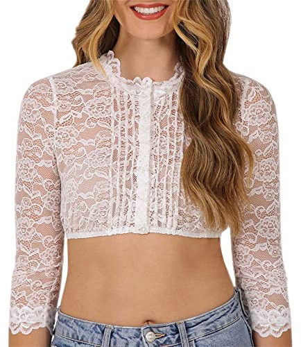 Krüger Dirndlbluse Margareta Creme Spitze Spitzenbluse hochgeschlossen Langarm Gr 42