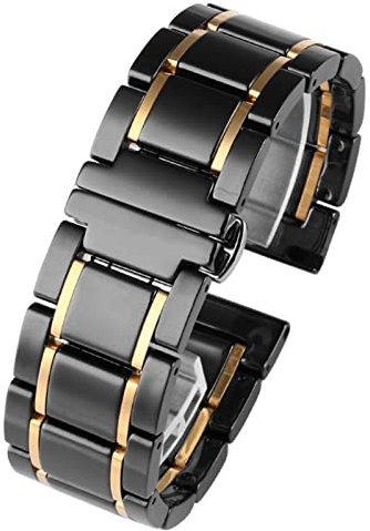 AEMALL Keramik-Edelstahl-Armband, 20 mm, 22 mm, 16 mm, 18 mm, Schnellverschluss-Uhrenarmbänder (Farbe: Schwarz x Gold, Größe: 20 mm)