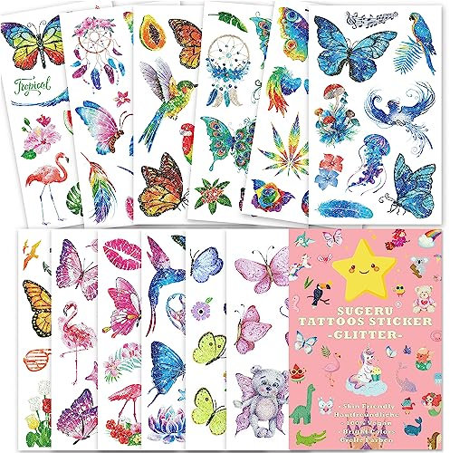Sugeru 100+ Tattoo Kinder Hautfreundlich,Glitzer Tattoos Aufkleben Sticker Kids Kinder Mädchen,Mitgebsel Kindergeburtstag - Pflanzenextrakt-Farbe (Glänzend-Schmetterling)