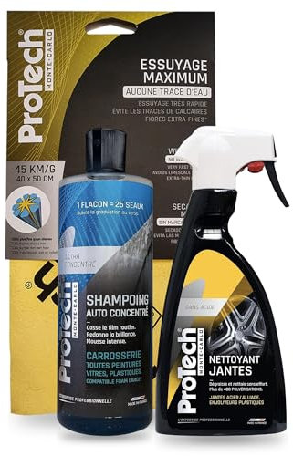 ProTechMC | Kit Nettoyage Voiture Extérieur Brillance Garantie | Shampoing Carrosserie | Nettoyant Jantes | 2x500 ML | Inclut Microfibre 40x50 cm Essuyage Maximum | Made in France